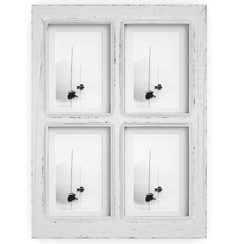 Barnyard Designs 4x6 or 5x7 Collage Picture Frames, 4 Photo Openings w/Mat for Multiple Pictures, Distressed Rustic Wood Farmhouse Frame for Wall, 16x12 (White) - Image 1